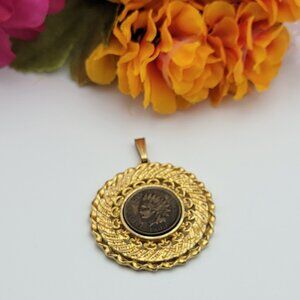 1900 Indian Head Penny Good Tone Filigree Circle Pendant 41mm